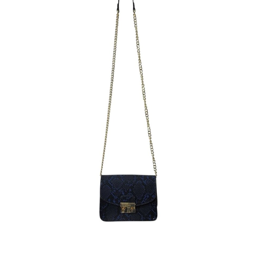 BCBG Faux Snakeskin Crossbody Bag – Blue & Black with Gold Chain - Picture 2 of 11